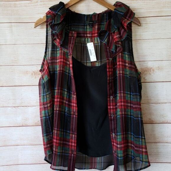 J. Crew Ruffle Collar Stewart Tartan Plaid Sleeveless Button Top Blouse Medium - Picture 6 of 11
